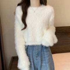 Women's Fuzzy Knitt Top Long Sleeve Mock Neck Fluffy Sweater Pullovers Cozy Plain Jumper Teen-girl Fall Winter Y2K Outfit voguable