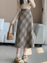 Faux Woolen Plaid Long Skirt Women Vintage Slim High Waist Back Slit Belt Skirts Korean Fall Winter Elegant Long Skirts New voguable