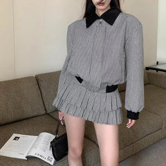 Voguable Autumn New Streetwear Contrast Color Plaid Loose Casual Long-sleeved Jacket Women + Pleated Cake Skirt Two-piece Suit voguable