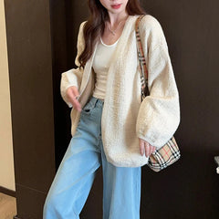 Open Front Knit Cardigan for Women Comfy Balloon Sleeve Open-front Sweater Coat Female Duster Cardi Casual Autumn Winter Outfit voguable