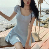 Voguable Gentle Style Sweet Beauty New Sweet and Spicy Puff Sleeve Waist-hugging Square Neck Temperament Short-sleeved Dress voguable
