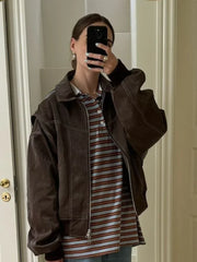 Vintage Contrast Stitch Lapel Long Sleeve Jackets Women Loose Solid Zipper Pu Leather Jacket 2024 Female Autumn High Streetwear voguable