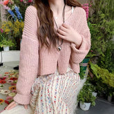 Pink Knitted Cardigan for Women Long Sleeve V-neck with Invisible Button Front Sweater Jacket Teen-girl Fall Winter Cute Outfit voguable