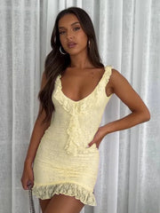 Lace Sleeveless Ruffle Sexy Mini Dress For Women Robe Elegant Deep V Neck Backless Bodycon Club Party Dress Vestido voguable