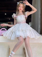 Voguable Flying Sleeve Kawaii Sweet Dress Women Flower Print France Vintage Mini Dress Female Bow Cute Designer Causal Dress Summer voguable