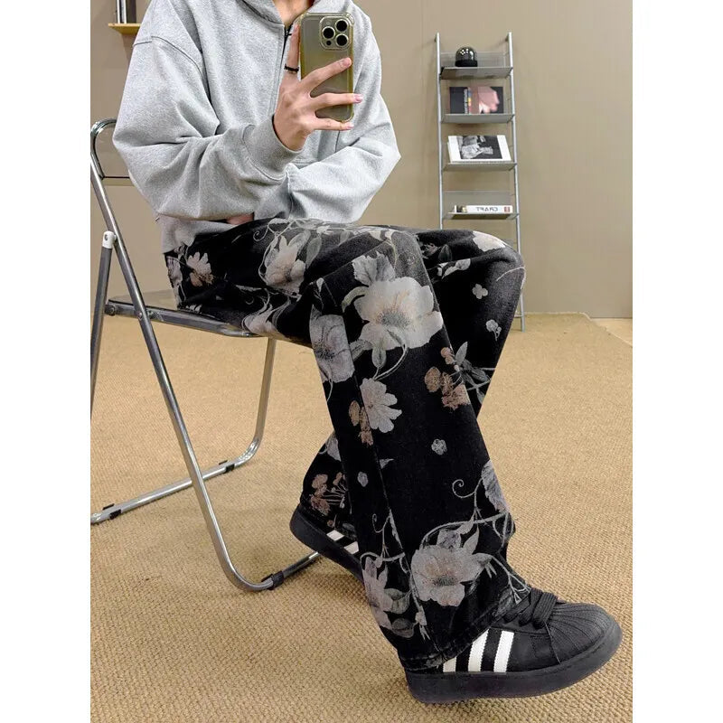 Flower Jeans Men Fashion Retro Printed Jeans Men Streetwear Hip-hop Loose Straight Jeans Men Baggy Vintage Denim Trousers voguable