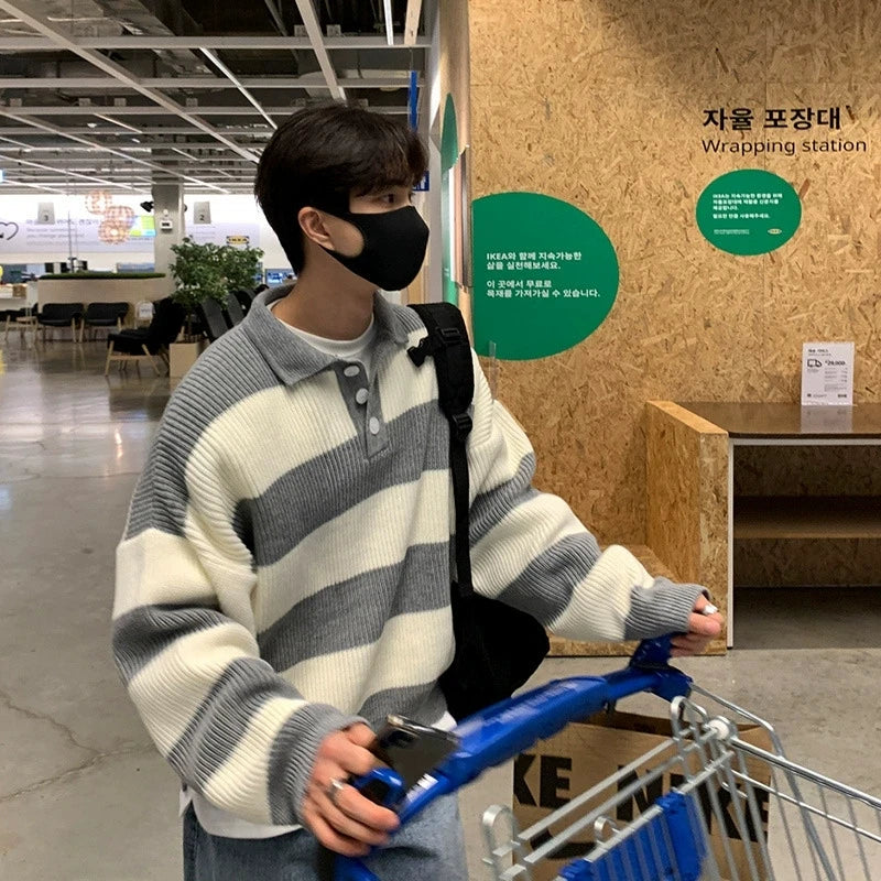 New Fashion Striped Men Polo Sweater Light Luxury Korean Popular Knitwear Premium Quality Long Sleeve Pullover Trendy Streetwear voguable