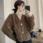 Women Lamb Wool Jackets Autumn Winter Thick Warm Faux Fur Button Outerwear Korean Loose Elegant V Neck Furry Short Coat voguable