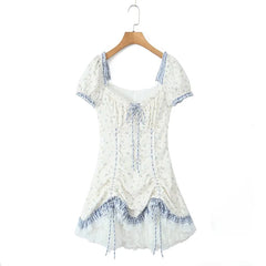 High Quality Women Vintage Drawstring Lace Trim Floral Print Mini Dress Puff Sleeve Ruffle Hem Summer Female Party Robe