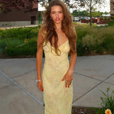 Women's Floral Cami Dress Slim Tie Bow Deep V Neck Backless Ruffle Spaghetti Strap Long Bodycon Dress for Party Club