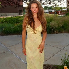 Women's Floral Cami Dress Slim Tie Bow Deep V Neck Backless Ruffle Spaghetti Strap Long Bodycon Dress for Party Club