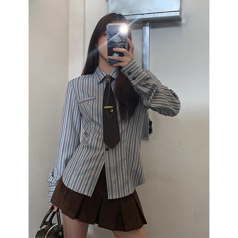 Y2K Harajuku Striped Shirts Women Vintage Streetwear Tie Long Sleeve Blouses Korean Preppy Slim All Match Tops Spring New voguable