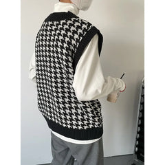 Autumn Men Clothing V-neck Houndstooth Knitted Sweater Vests for Men Korean Fashion Loose Casual Sleeveless Men's Pullover Vest voguable