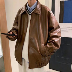 Pu Leather Jacket Men Brown Retro Motorcycle Jacket Autumn Korean Fashion Fried Street Loose Zipper Bomber Jacket Learher Coats voguable