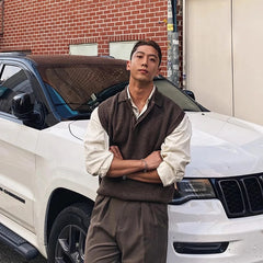 New Korean Fashion Polo Neck Men Sweater Vest Light Luxury Retro Business Knitted Sleeveless Waistcoats Leisure Premium Knitwear voguable