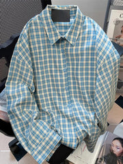 Retro Blue Plaid Shirt Women Casual Fall Long Sleeve Harajuku Retro Blouse Japan Preppy Style Female Turn Down Collar Tops voguable