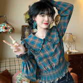 Voguable Retro Plaid Women Shirt Peter Pan Collar Flare Long Sleeve Sweet Blouse Pleats Buttons Loose Slim Vintage Autumn Female New Tops voguable