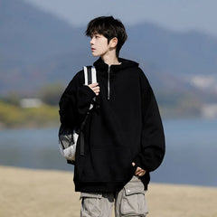 Spring Casual Hoodie Mens Half Zip Pullover Pure Color Streetwear Oversize Comfort Loose Fit Trending Hooded Sweatshirt voguable