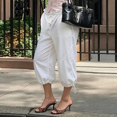 Voguable Fashion Women Pure Color Drawstring Pleated Edge High Waist Loose Fit 3/4 Length Cargo Trousers Going Out Casual Summer Pants voguable