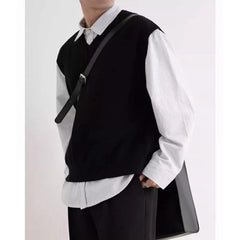 2024 Early Autumn Simple Black V-neck Knitted Sweater Vest for Men Classic Fashion Harajuku Loose Casual All-match Inner Vest voguable