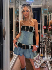 Vintage Y2k Strapless Denim Dress Women Summer Bodycon Sexy Korean Fashion Kpop Belt Pleated Mini Dress 2000s Streetwear voguable