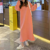 Voguable Korean Fashion Dresses Autumn Winter New Women Solid Hooded Plus Velvet Long Sleeve Loose Ankle-Length A-line Sweatshirt Dress voguable