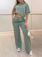 Voguable New 2-piece O-neck Short Sleeve Side Split Top and Casual Drawstring Elastic Waist Seam Front Wide Leg Pants Set voguable
