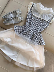 Mesh Patchwork Plaid Dress Women Slim Sweet Fashion Flying Sleeve Mini Dress Chic Lace Ruffles Elegant Korean Lady Vestidos voguable