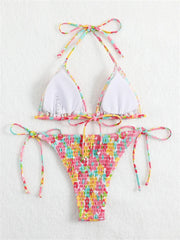 Voguable Sexy Micro Bikini 2024 Women Pink Floral Print Pleate Tie Side Triangle Swimsuit Brazilian Halter Push Up Bathing Suit Swimwear voguable