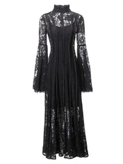 Solid High Quality Evening Dresses For Women Stand Collar High Waist Long Sleeve Thin Elegant Dress Female Clothing voguable