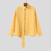 Fashion Men Shirt Solid Color Stand Collar Long Sleeve Male Shirt With Belt Streetwear 2025 Oversize Casual Men Clothing voguable