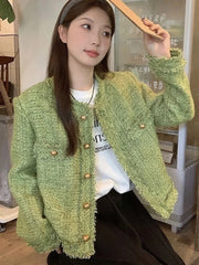Sweet Green Tweed Jackets Women Vintage Long Sleeve Casual Coat Korean O Neck Fall Winter Retro All Match Elegant Outwear Tops voguable