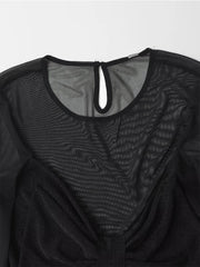 Voguable Spring 2024 Women Sexy Semi-sheer Patchwork Mesh T Shirt Long Sleeve O Neck Black Tee Summer Crop Top voguable