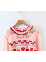 Voguable New Fashion Women Sweet Pink Strawberry Cherry Thin Knit Sweater O Neck Long Sleeve Female Crop Pullover Autumn Tops voguable