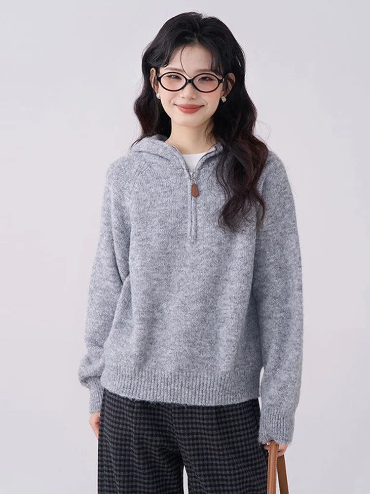 Korean Vintage Gray Sweaters Women Long Sleeve Casual Simple Knitted Hooded Jumper Retro Loose All Match Female Fall Winter Tops voguable