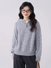 Korean Vintage Gray Sweaters Women Long Sleeve Casual Simple Knitted Hooded Jumper Retro Loose All Match Female Fall Winter Tops voguable