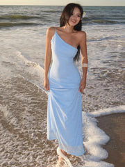 Simple Biased Collar Maxi Dress Women Sleeveless Backless Solid Summer Vacation Classic Beach Party Temperament Vestidos voguable