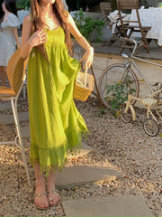 Y2k Fashion Leisure Holiday Wind Fruit Green Dress Summer Cool Feel Lazy Wind Hollow Pendant Feeling Suspender Long-Short Dresse voguable