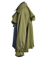 Army Green Denim Color-block Big Size Jacket Loose Fit New Lapel Long Sleeve Women Coat Fashion Spring Autumn voguable