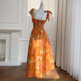 2025 New Print Women's Spaghetti Strap Dress Bow Sashes Zipper Color Contrast Sleeveless Backless Dresses Female voguable