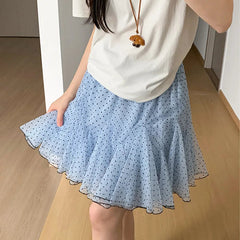 Voguable Dot Mesh Cake Skirt Women Summer High Elastic Waist A-line Short Skirts for Woman Sweet Ballet Style Ruffles Puffy Skirt voguable