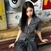 HOUZHOU Vintage Sexy Coquette Blouses Women Korean Style Punk Streetwear Striped Print Bandage Hollow Out Slim Shirts 2024 Y2k voguable