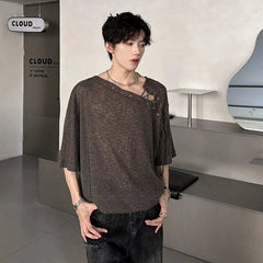 Korean Style Men's T-shirts Short Sleeve Casual Lace-up Design Solid Color Tees Hollow Out Loose Male Tops Summer 9W3719 voguable