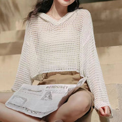 Pointelle Knit Hooded Sweater for Women Sheer Openwork Long Sleeve Boxy-fit Pullover Crop Top Teen-girl Spring Summer Y2K Outfit voguable