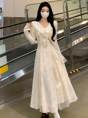 Autumn Elegant Solid Ruffles Fairy Dresses Korean Fashion Slim Wasit A Line Midi Dress Women Princess Party Vestidos New voguable