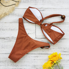 Voguable Sexy One Shoulder Bikinis Sets Women Coffee Pleate Push Up Micro Swimsuit Summer Bathing Suit Bead String Thong Swimwear voguable