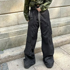 Style Wide Leg Drawstring Black Cargo Pants Unisex Straight Baggy Casual Overalls Men's Streetwear Loose Oversized Trousers