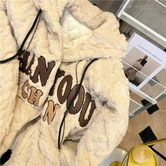 Artificial Lamb Plush Hoodeds Coats Women Winter Thick Warm Long Sleeve Loose Sweatshirts Y2K Ladies All-Match Plush Outerwear voguable