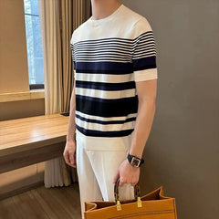 Men's Clothing Light Luxury Business Striped T-shirt Casual Slim Knitted O Neck Short Sleeve T-shirt High Quality Patchwork Tops voguable