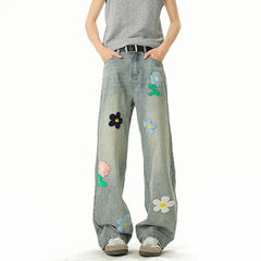 Blue Jeans Men Fashion Casual Straight Jeans Streetwear Hip-hop Loose Flower Jeans Mens Vintage Denim Pants Man Trousers voguable